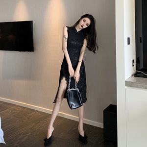 Women’s lace lace split cheongsam flash Dress Black