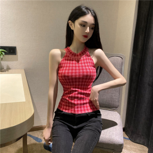 Korean version of chic retro foreign style Plaid all-around fit Halter vest