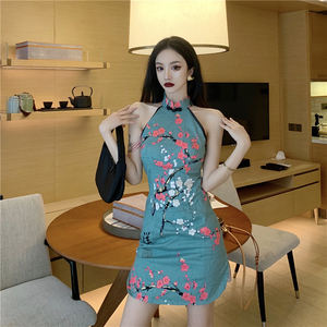 Girls off shoulder fashion Halter temperament plum flower Halter cheongsam dress