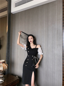 One shoulder suspender button down mid length sexy hip wrap dress