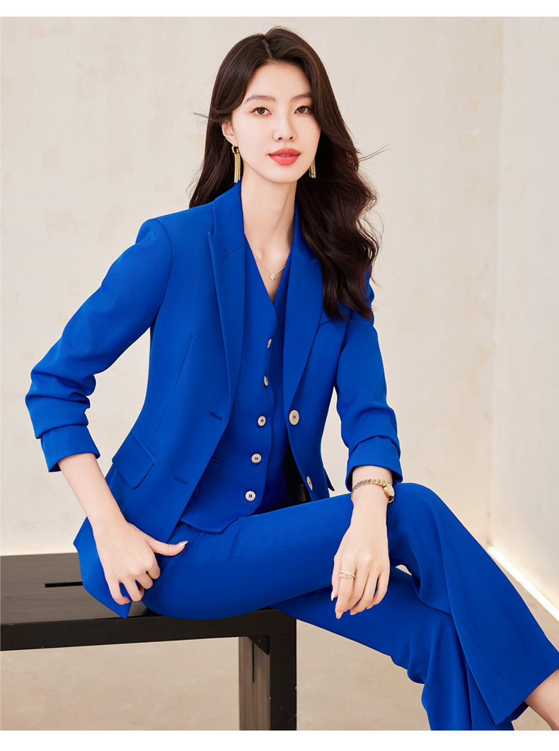 蓝色西装外套女士职业套装春秋新款高端正装工作服西服马甲三件套