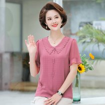 40-50-year-old middle-aged and elderly womens clothing moms with summer loose short sleeves T-shirts foreign air blouses fashion Slim Snowy Jersey