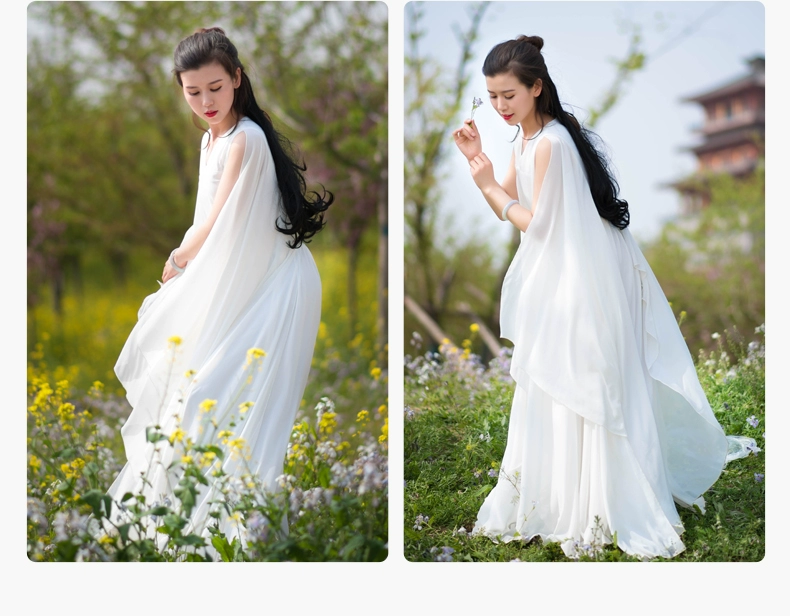 Váy cổ chữ V Zen của phụ nữ Trung Quốc váy voan trắng cổ tích chảy váy dài Zen váy nữ tiên nữ váy trà nữ - váy đầm