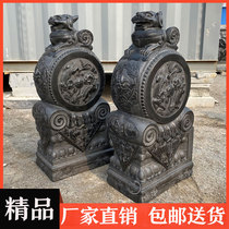 Stone door pier Pixiu holding drum stone Kirin stone Lion Bluestone household pair villa doorway antique stone pier stone drum