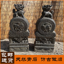Stone door pier Pair of Unicorn Pixiu holding drum stone Antique household animal Bluestone gate gate stone pier Lion stone drum