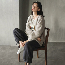 Foreign gray system ~ textured fabric coral velvet pajamas womens autumn and winter velvet thickened lamb cashmere two-piece set