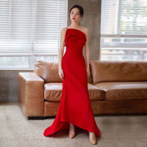 Red suspender toast dress bride 2021 new summer slim thin long section banquet host evening dress female
