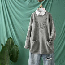 Fat mm Autumn New plus size womens fake two-piece pullover top fat mm loose knitted sweater coat womens tide