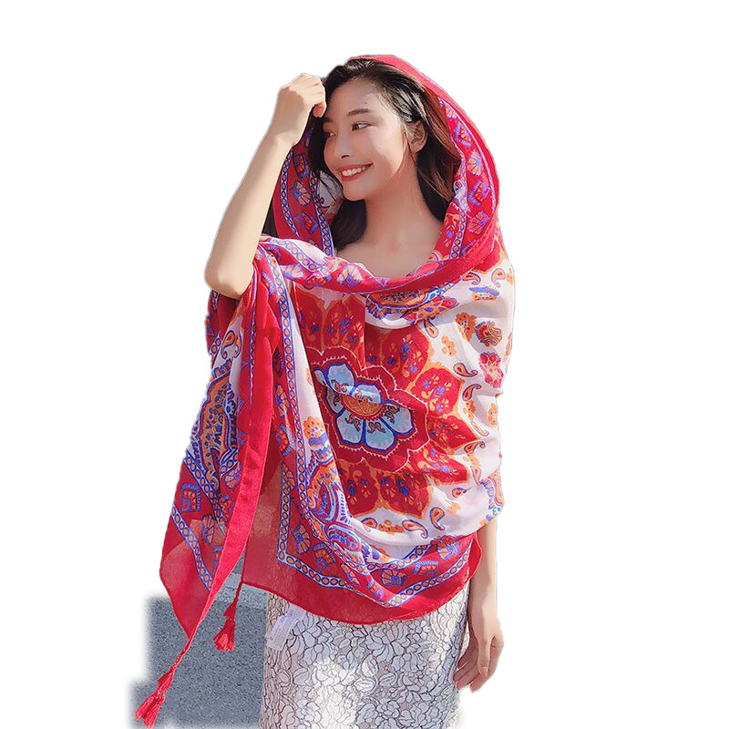 夏季防晒丝巾薄款春秋百搭围巾女海边沙滩巾大纱巾民族风披肩外搭