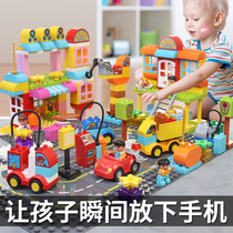 Puzzle building blocks for boys and girls 1-2-3-6-year-old childrens big particle road floor gas station toy