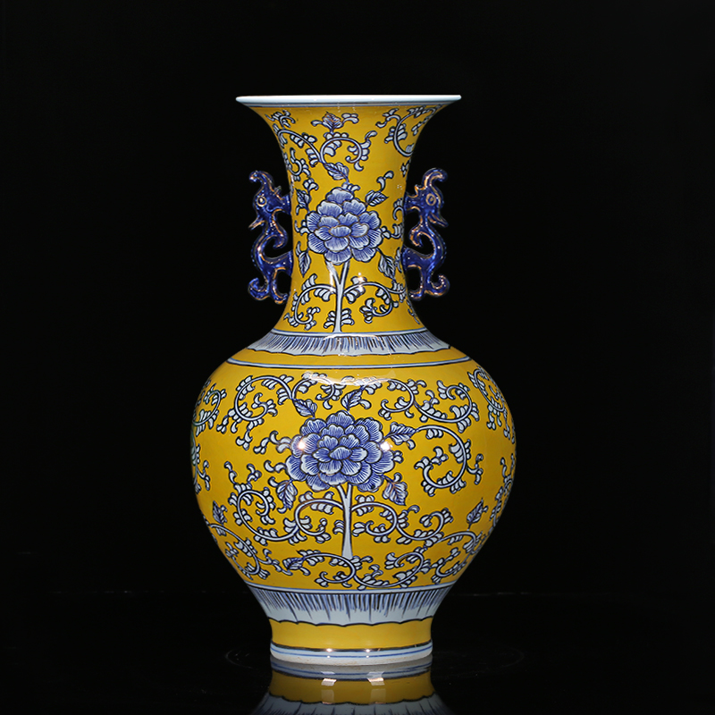 Jingdezhen chinaware paint hand - made yellow antique Chinese blue and white porcelain vase to the sitting room TV cabinet decorative furnishing articles