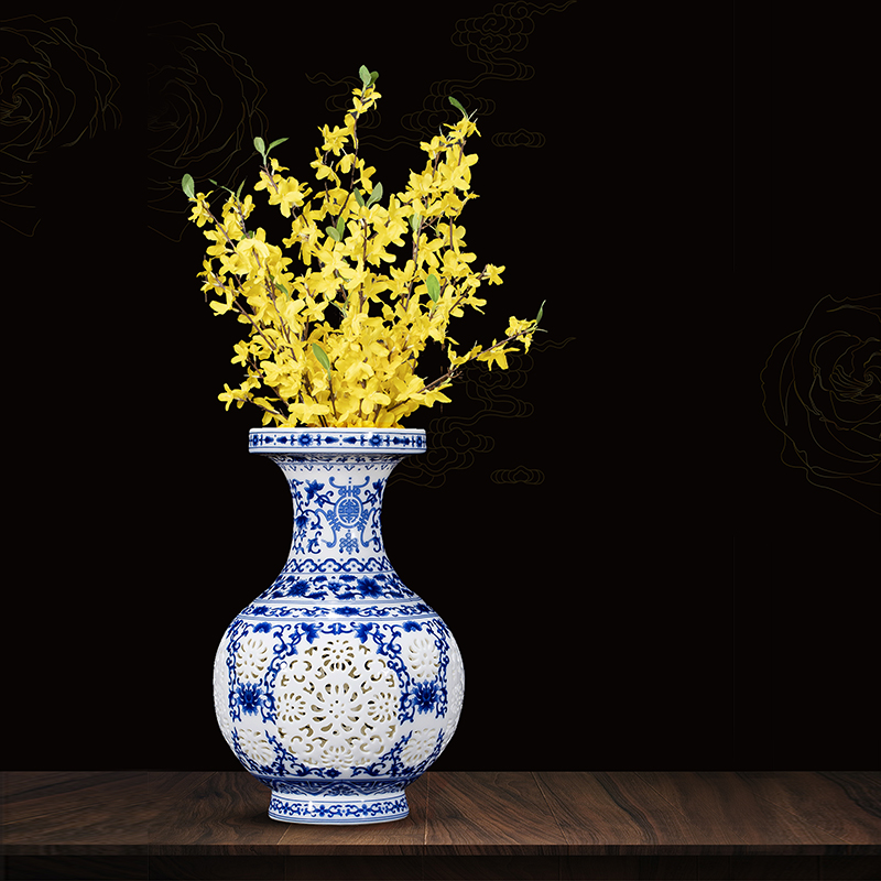 Jingdezhen ceramics vase pomegranate furnishing articles blue and white porcelain bottle hollow out rich ancient frame the sitting room of Chinese style household ornaments