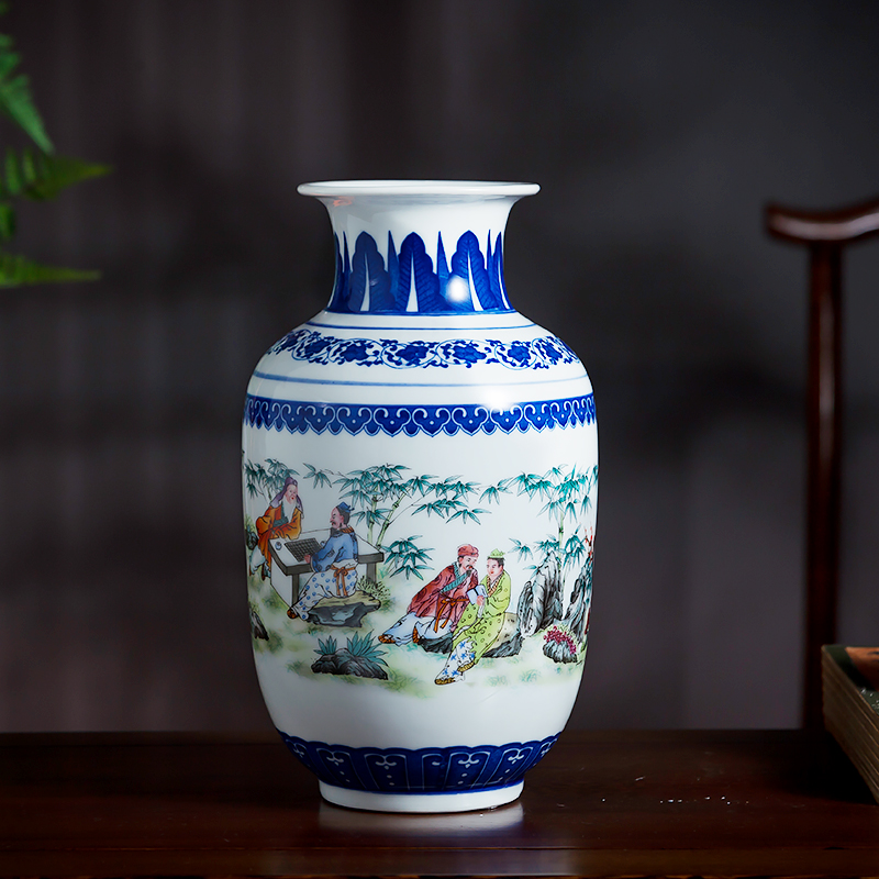 Jingdezhen ceramics bucket color blue and white porcelain vases, flower arrangement of Chinese style living room home decoration rich ancient frame furnishing articles