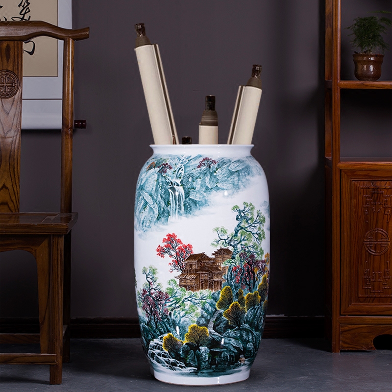 Famous master of jingdezhen ceramics hand - made landscape painting the sitting room of large vase furnishing articles calligraphy and painting scroll cylinder