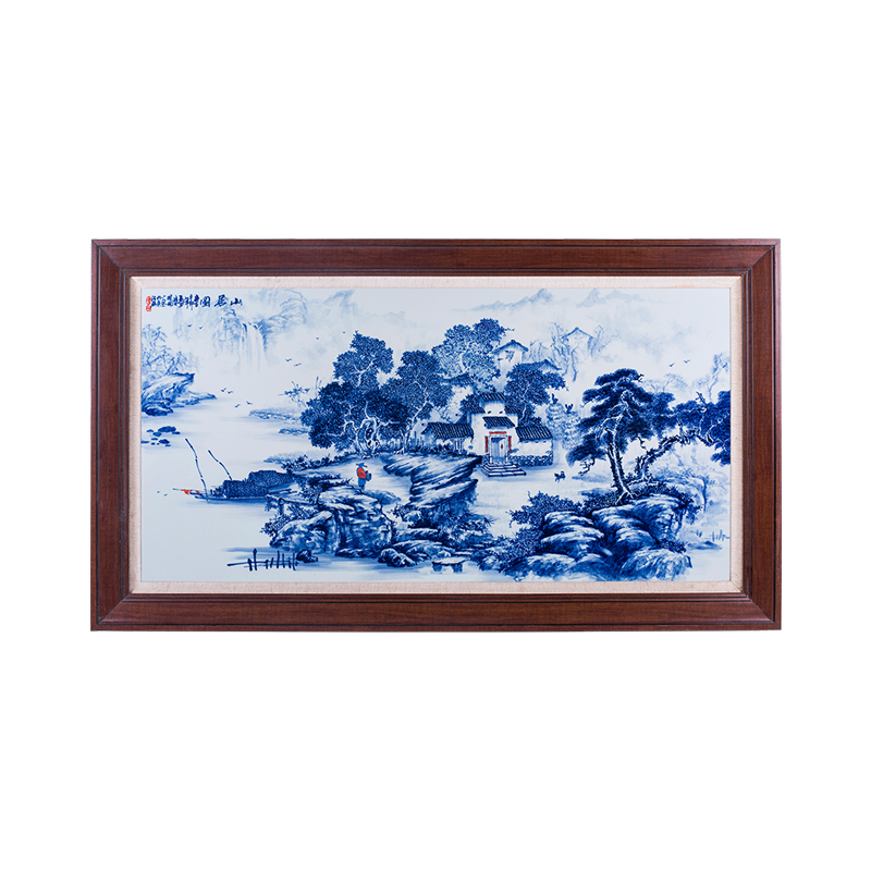 Jingdezhen ceramics decoration hangs a picture box wood living room of Chinese style household restaurant hand - made of blue and white porcelain plate painting