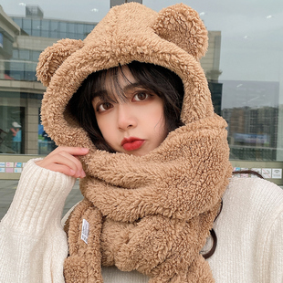 小熊帽子围巾一体女秋冬季百搭新款2021年爆款可爱毛绒保暖三件套