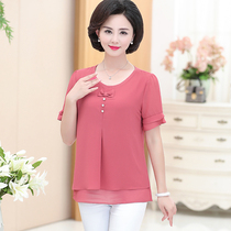 Middle-aged womens mother dress middle-aged shirt chiffon shirt short sleeve shirt L clothes summer loose fashion