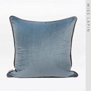 澜品家居简约现代/家居沙发靠包靠垫抱枕/蓝灰色绒布滚边方枕