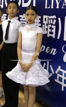 Female childrens standard competition Latin dance dress white imported lace super cute cute Latin dance competition dress practice dress