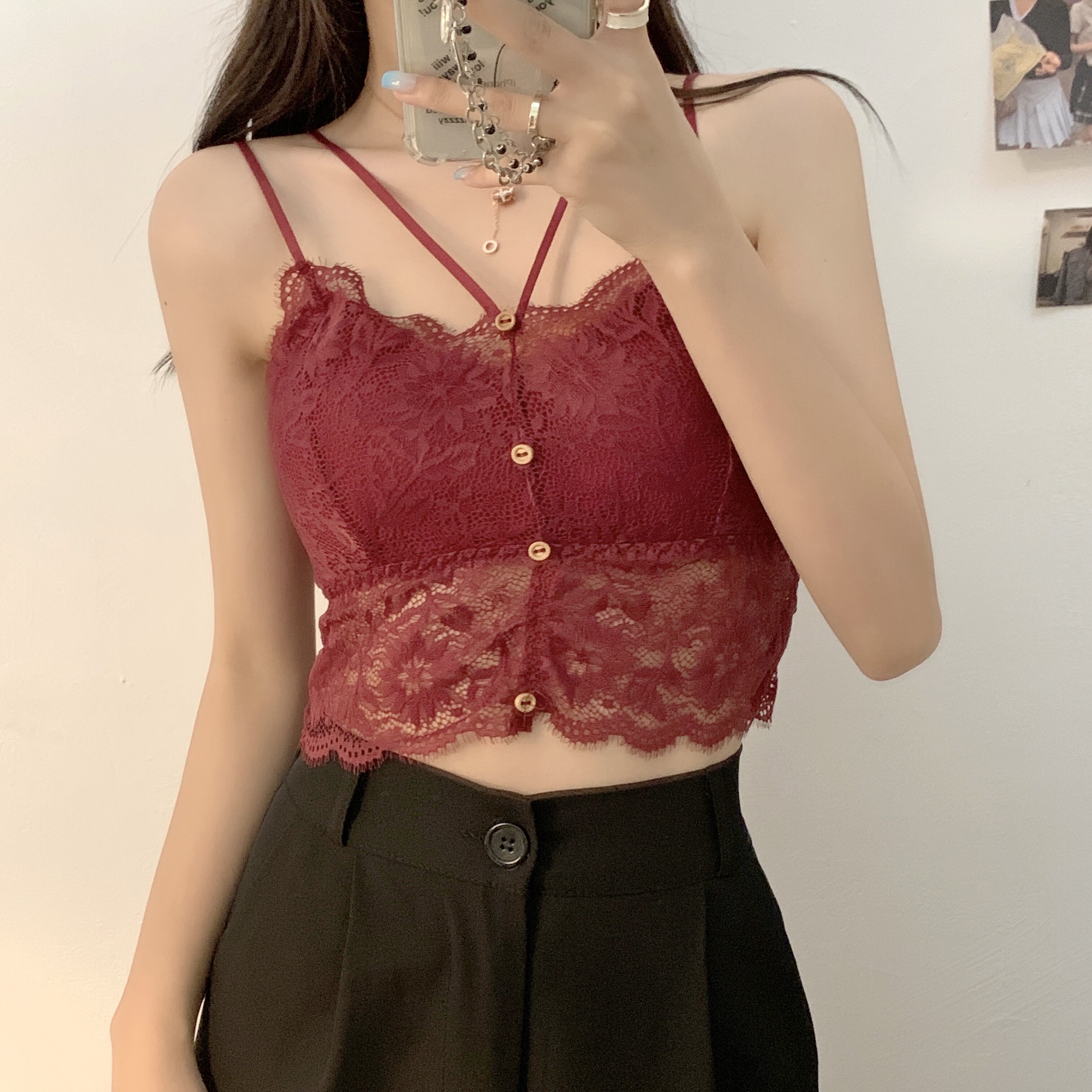实拍实价 辣妹性感蕾丝v领吊带美背外穿抹胸吊带背心短款上衣女