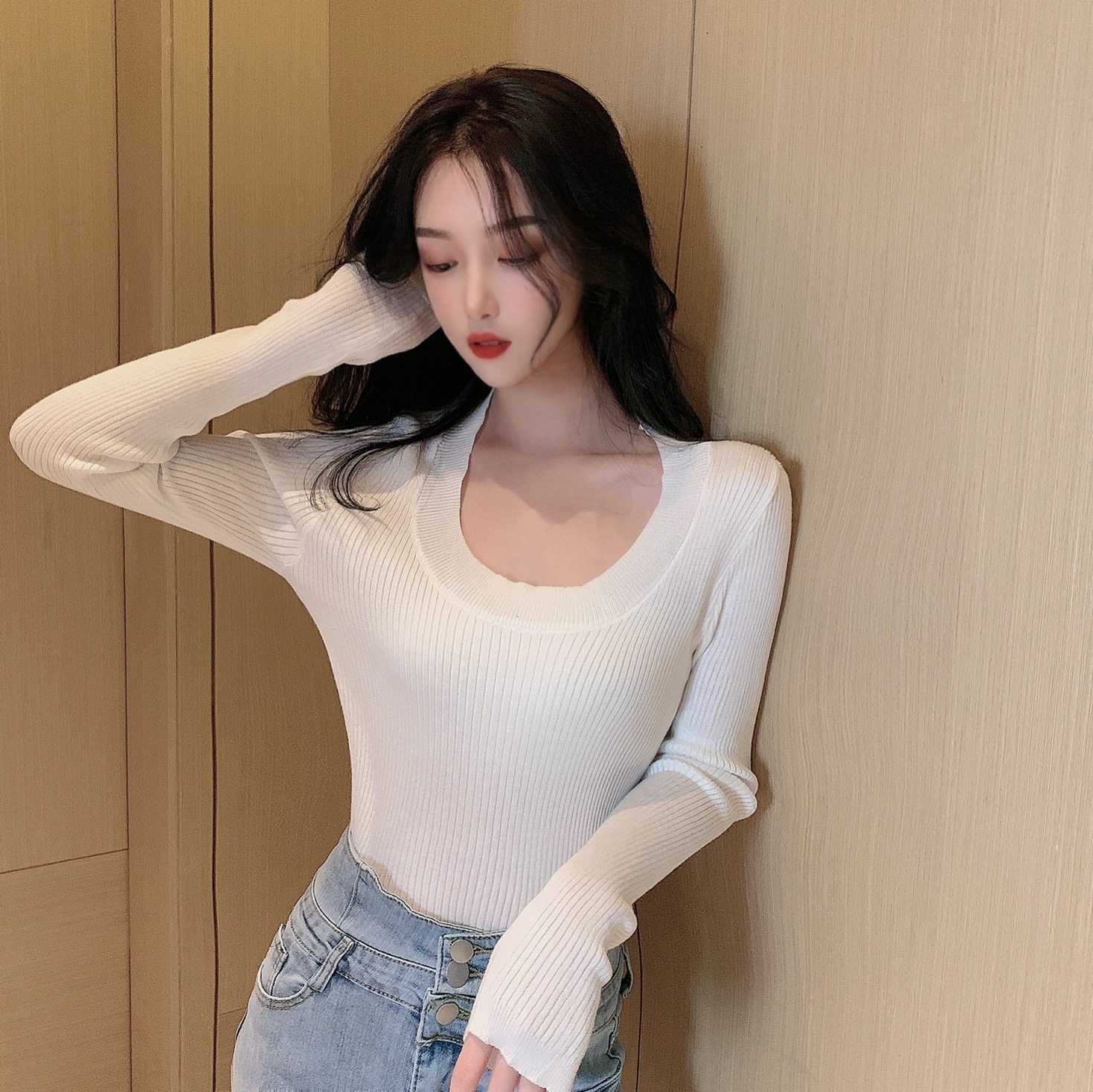 价秋冬新款女长袖大u领性感低胸针织衫短款打底上衣_coco小姐cocj2741