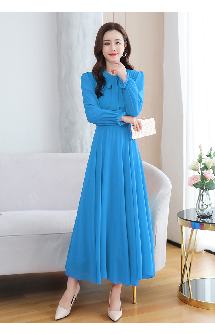 2021新款春夏气质女长袖飘带领修身显瘦连衣裙优雅长款拼接大摆裙