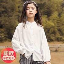 girls long sleeve white shirt autumn 2021 new stand collar bubble sleeve casual thin shirt for big kids