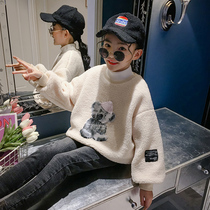 Girls autumn and winter foreign style plus velvet coat 2021 New Korean childrens loose thick winter sweater casual childrens clothing