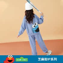 Sesame Street Girls Fashion Set Spring and Autumn 2021 New Korean Childrens Autumn Leisure Sports Two-piece Set