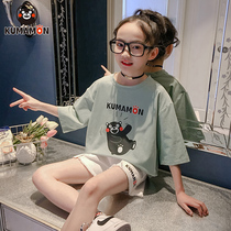 (Kumamoto bear joint name) girls short-sleeved T-shirt round neck loose simple foreign-style middle child thin coat tide card