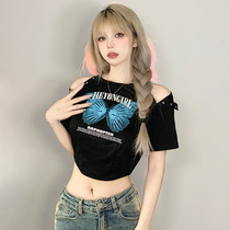 WEEKEEP Black Design Sensation Button Dew Shoulder Butterfly Printed Short Sleeve T-shirt Woman Irregular Open-waist Sexy Blouse