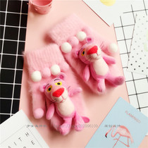 ins Korea fur ball pink panther gloves girl heart pink cartoon student finger cute padded cotton gloves