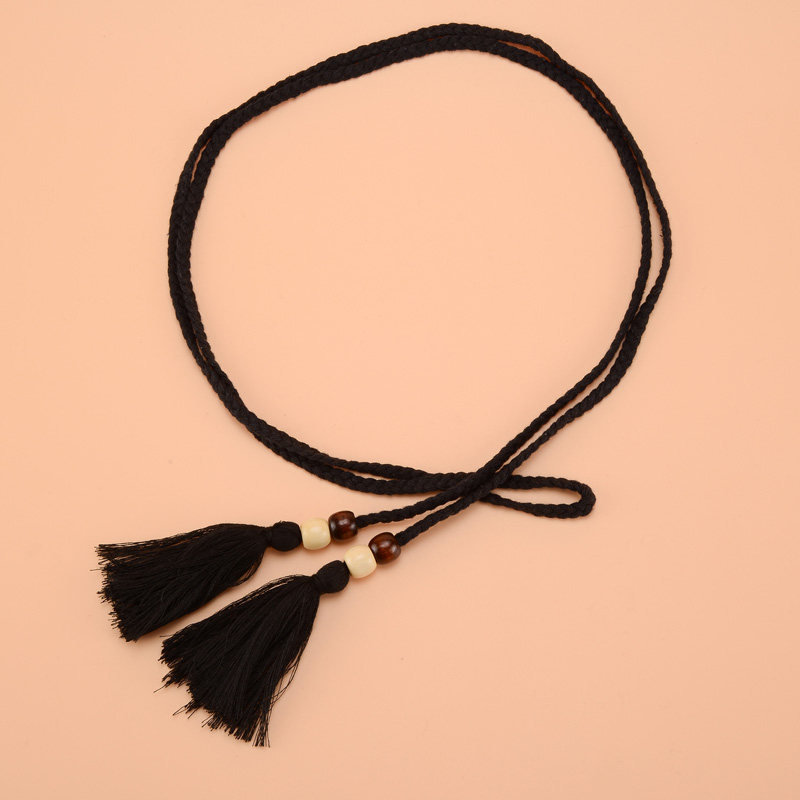 文艺范棉绳编织腰链 配裙子女士长款打结腰带 流苏装饰窄款腰链女_不