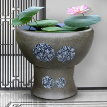 Jingdezhen large ceramic column cylinder landscape garden villa floor decoration antique simple water lily fish tank