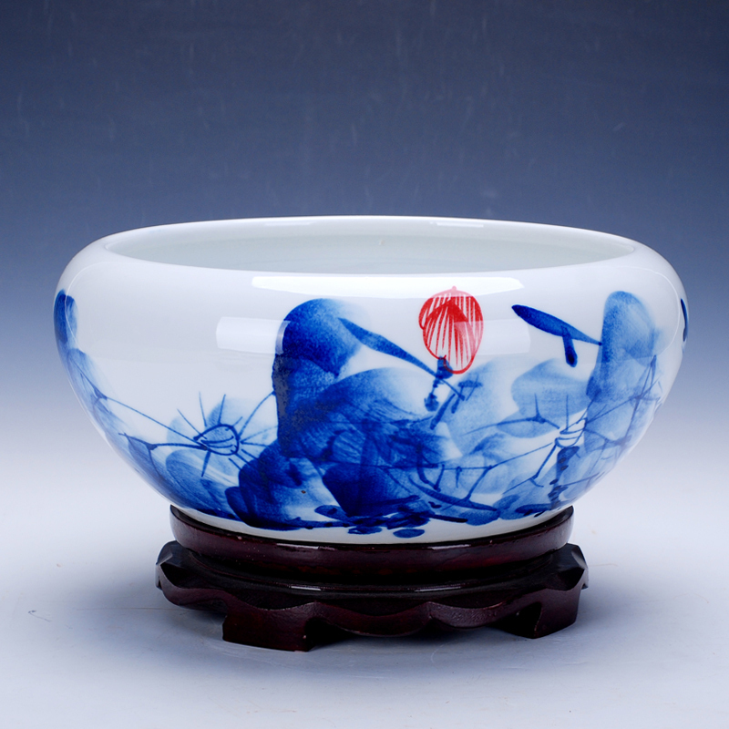 Jingdezhen blue and white porcelain ceramic aquarium furnishing articles the tortoise water lily cylinder sitting room hotel office decoration decoration