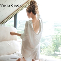 VIRRI CIAGA RATIONAL AND ROMANTIC NIGHT DRESS FEMALE SUMMER SEXY SILK WHITE SHIRT BOYFRIEND STYLE WHITE PAJAMAS