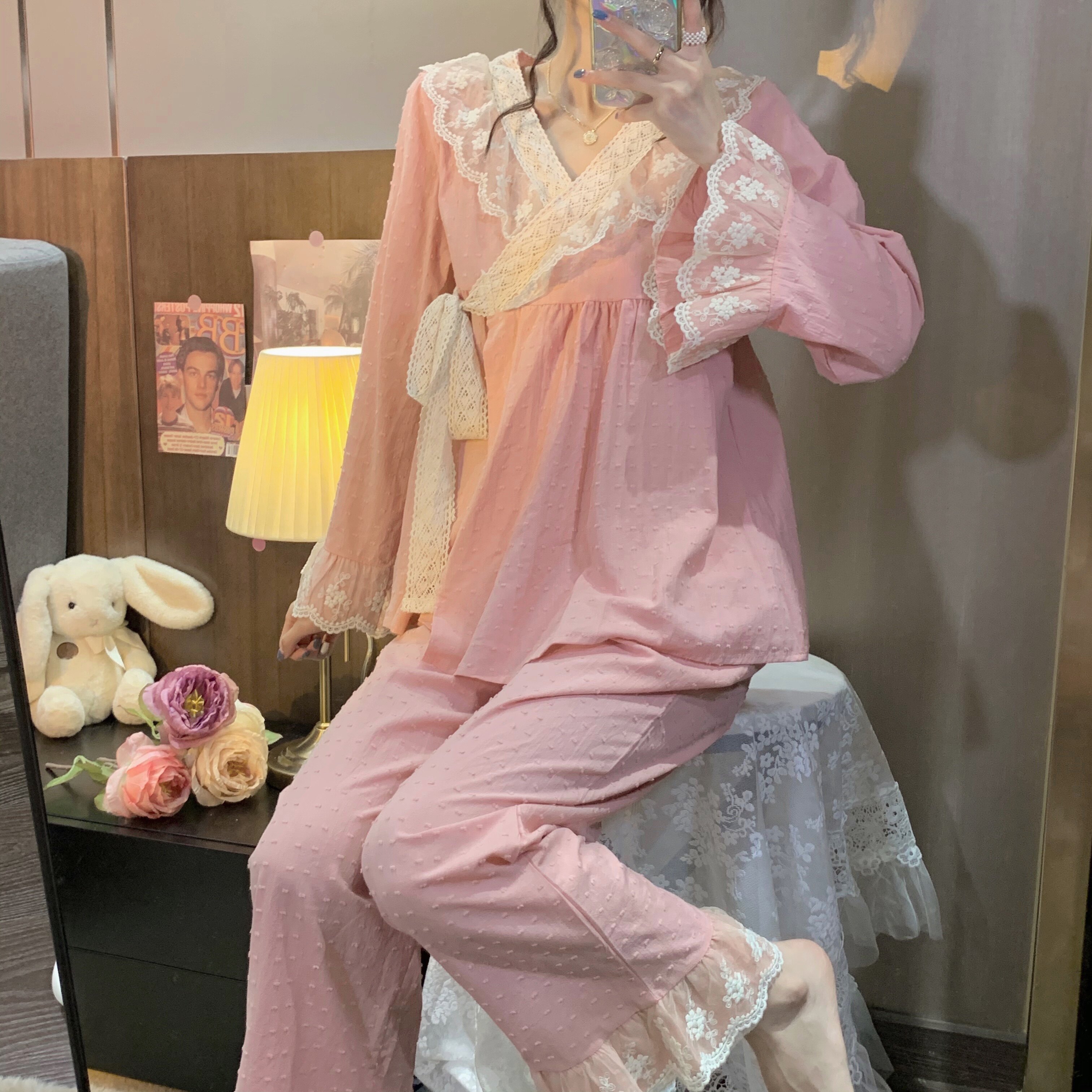 实拍实价~韩版日系甜美系带蕾丝花边睡衣套装女