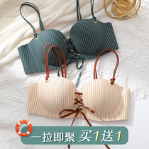 Summer drawstring thin striped seamless student girl underwear female rimless small chest gathered adjustable bra cover
