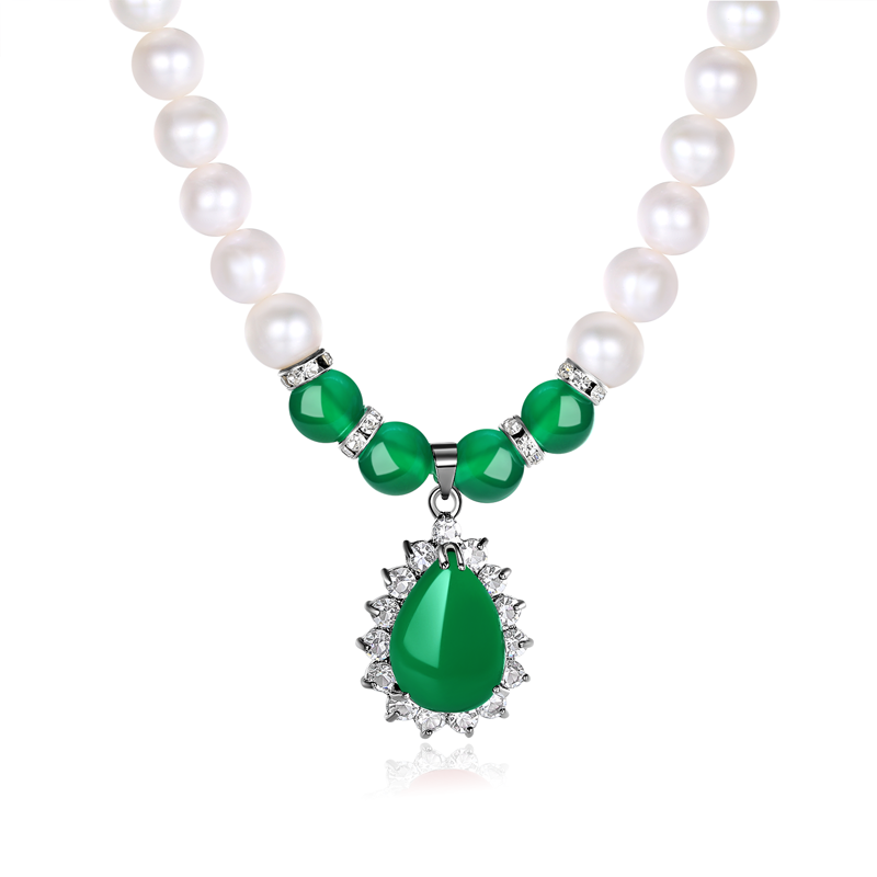  母親節禮物天然淡水珍珠項鏈女近圓綠瑪瑙吊墜生日送媽媽婆婆首飾