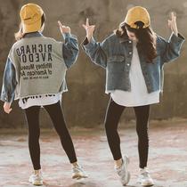 Girl 2023 Spring Autumn New CUHK Child Han Version Denim Splicing Shirt Foreign Air Blouse Children Trendy Jacket Tide