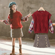 Net Red Girl Sweater Suit Dress Trendy 2023 New Spring Dress CUHK Child Super Ocean Half Body Skirt Two-piece Set
