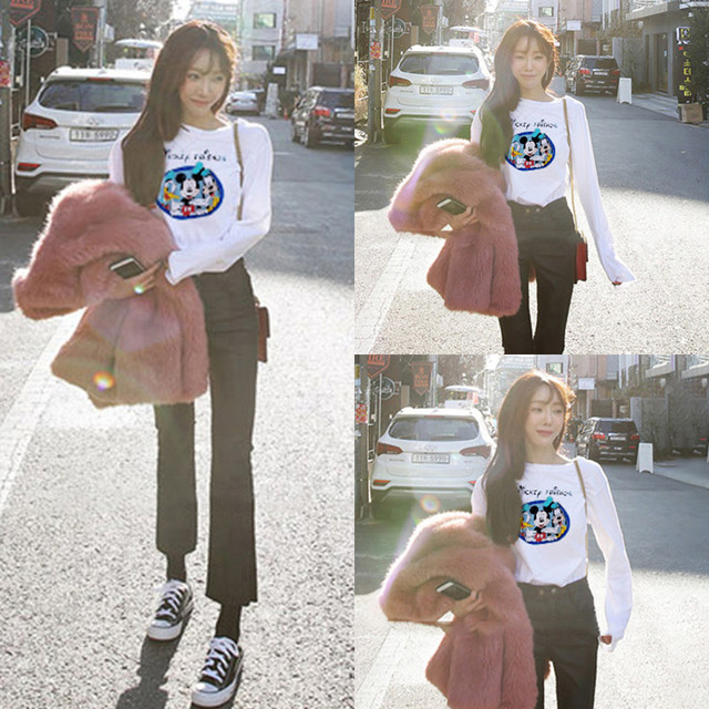 Spring 2020 new cartoon Mickey print Korean version of cotton loose white long-sleeved t-shirt female bottoming shirt top Spring 2020 new cartoon Mickey print Korean version of cotton loose white long-sleeved t-shirt female bottoming shirt top
