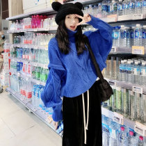 Kerrhein Blue High Collar Twist Thicken Sweater 2021 Winter New Fashion Gradient Denim Wide-legged Pants Two-piece Set