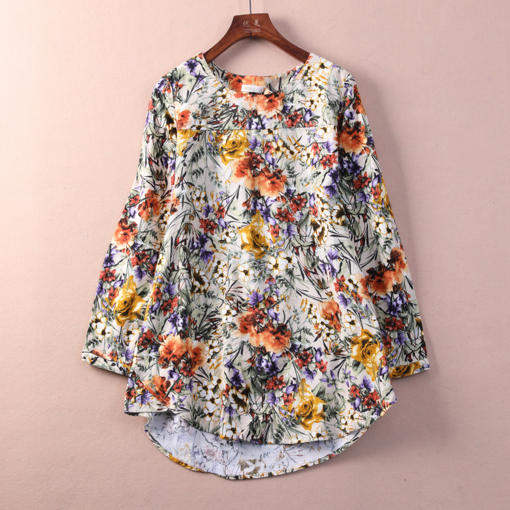 熙r2017秋正品长袖圆领小碎花中长款纯棉t恤女上衣折扣女装潮个性_7折