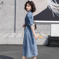 European station denim dress women 2021 popular summer dress very fairy French niche retro knee dress