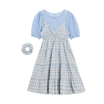 Designer Plus one-piece dress small frescoed two sets female summer V collar plaid skirt short sleeve t-shirt sending head rope
