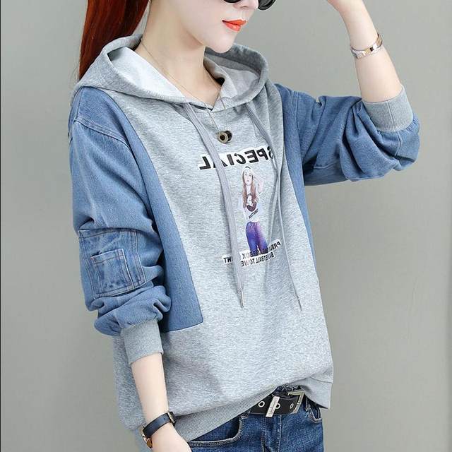 Cowboy stitching plus size sweater women's 2020 new autumn and winter hooded Korean loose top simple short sleeved women Cowboy stitching plus size sweater women's 2020 new autumn and winter hooded Korean loose top simple short sleeved women