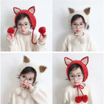 Winter warm cute pointed cat ear knitted lace-up ear protection childrens hat soft girl hair band wool hat earmuffs