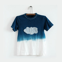 Wood ink X self-dyed X far-away sun room grass-dyed cloud T-shirt cotton round neck short sleeve leisure art