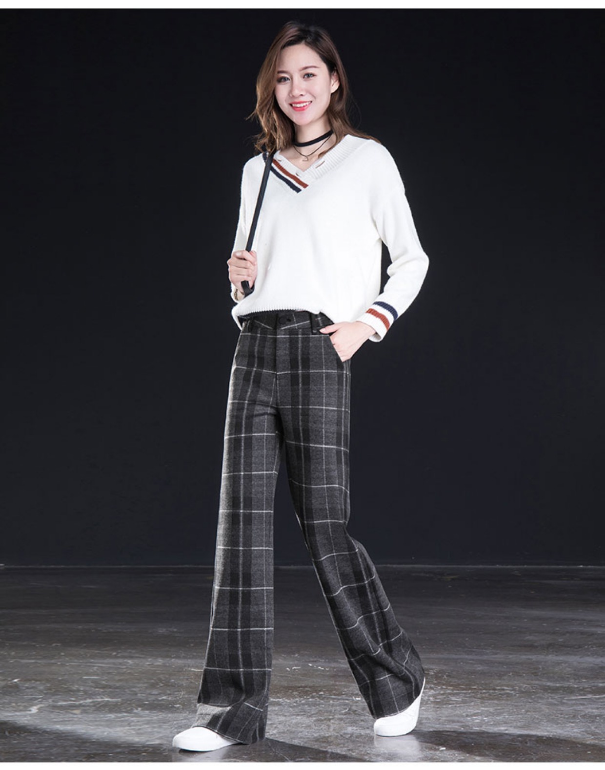 灰色大格子阔腿裤女秋冬高腰
